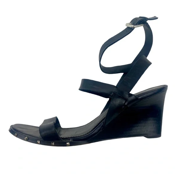 Marc Fisher Black Leather Madaya Studded Wedge Ankle Wrap Sandals Size 8.5 - Picture 7 of 10
